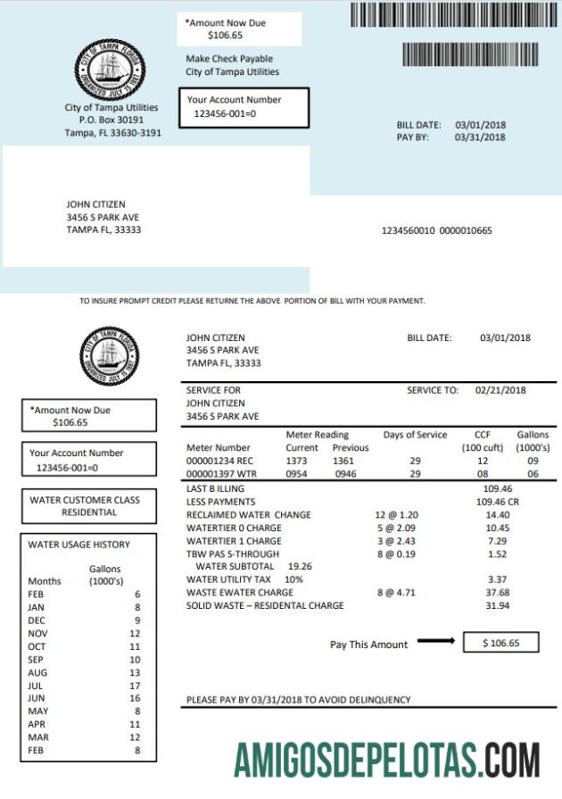 Para baixar modelo de conta de serviços públicos de água dos EUA na Flórida em formato Word e PDF